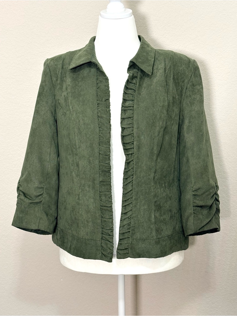 Kim Rogers Whimsigoth Olive Green Faux Suede Ruffle Ruched Blazer Jacket Size L